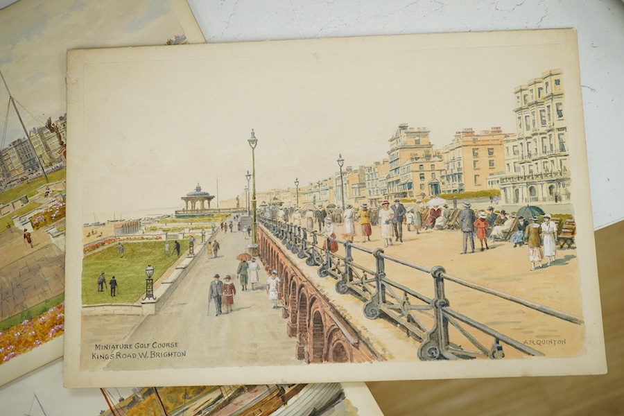 Alfred Robert Quinton (1853-1934), three original watercolours for postcard designs, to include 'Miniature golf course, Kings Road, Brighton’ and ‘New Promenade Gardens, Brighton and Hove’, each signed, 19 x 30cm, unfram